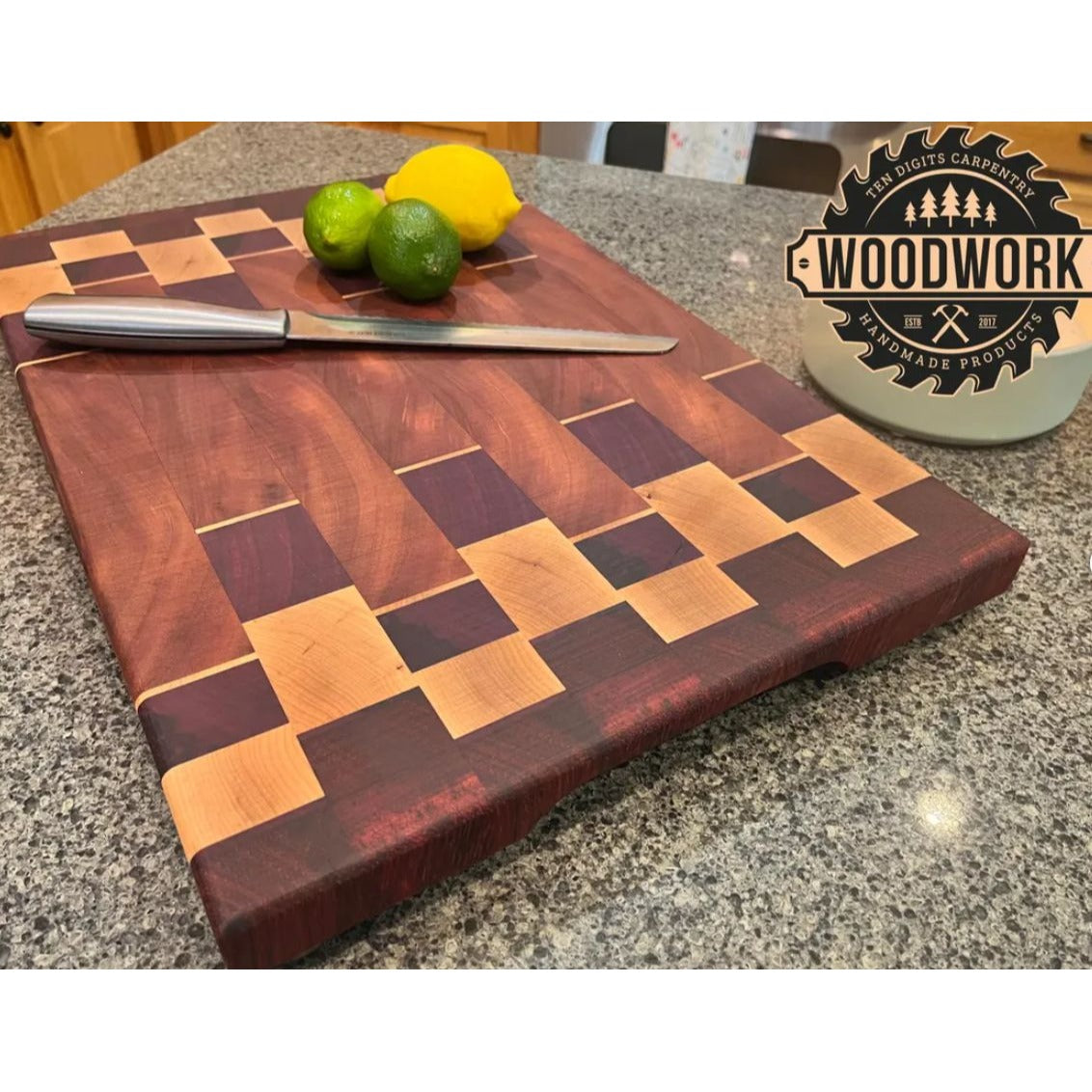 Beeswax, Mahogany, Purple Heart, & Maple Handmade End Grain Wooden Cutting Board