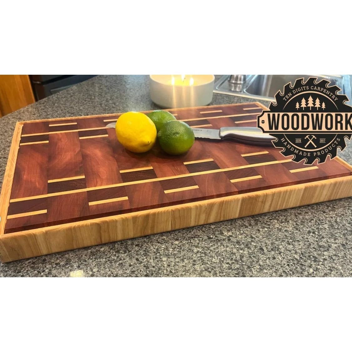 Handcrafted Wooden Cutting Board With Intricate Inlay Design & Juice Groove