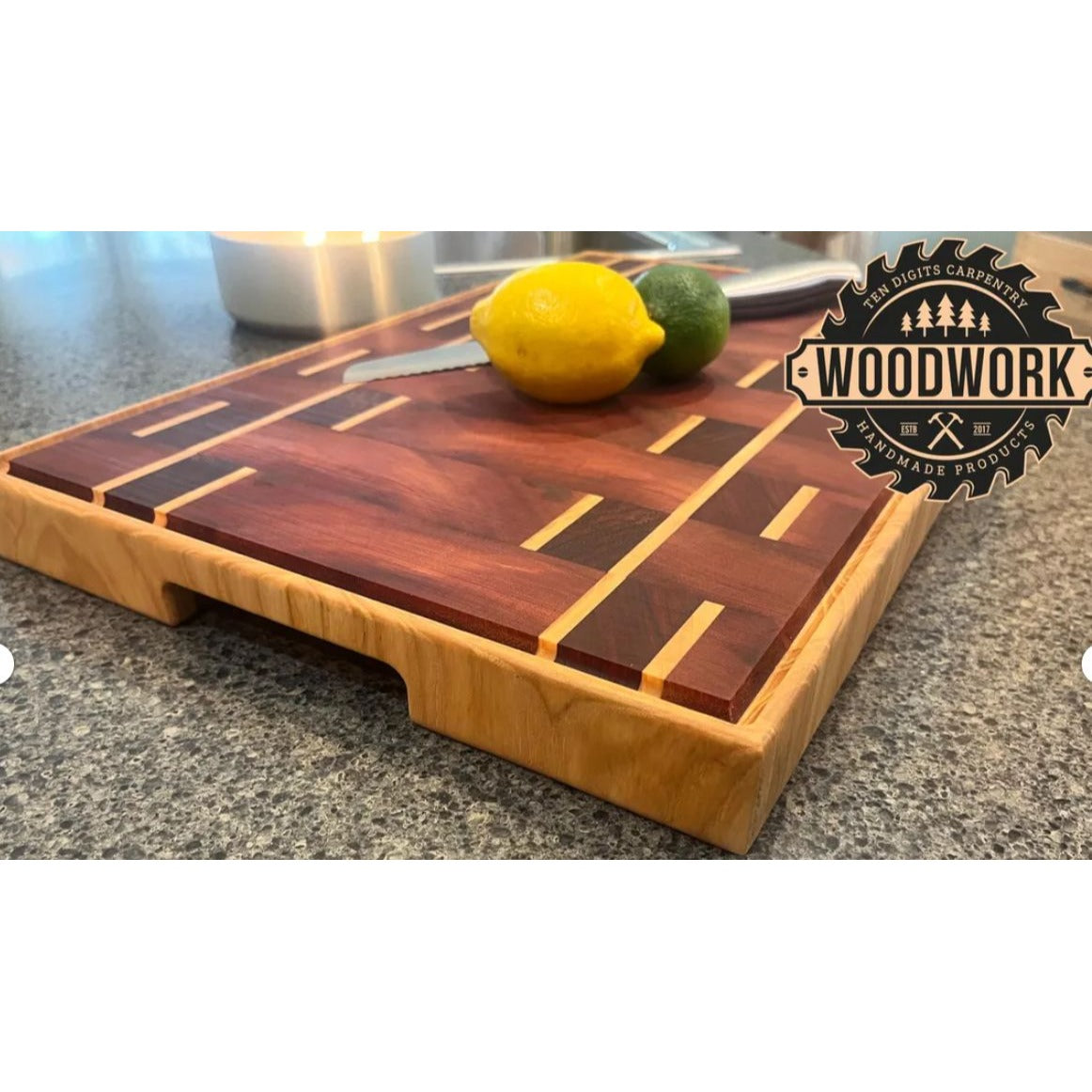 Handcrafted Wooden Cutting Board With Intricate Inlay Design & Juice Groove