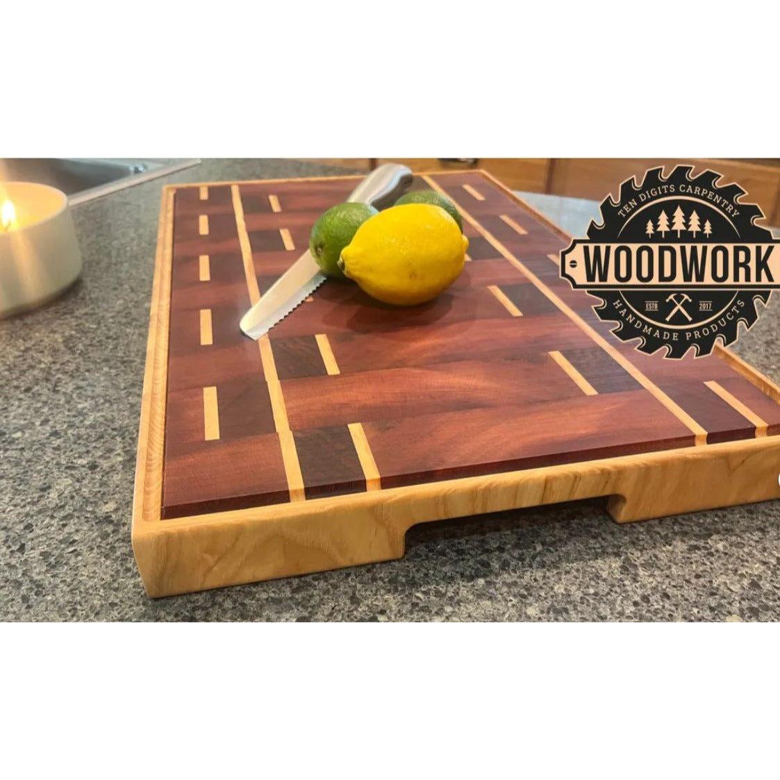 Handcrafted Wooden Cutting Board With Intricate Inlay Design & Juice Groove