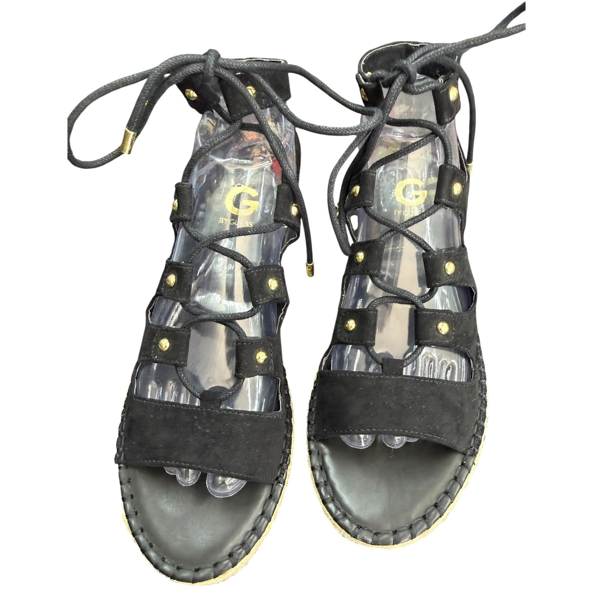 G By Guess Black Gladiator Sandal Espadrille Platform Size 8.5M With Box