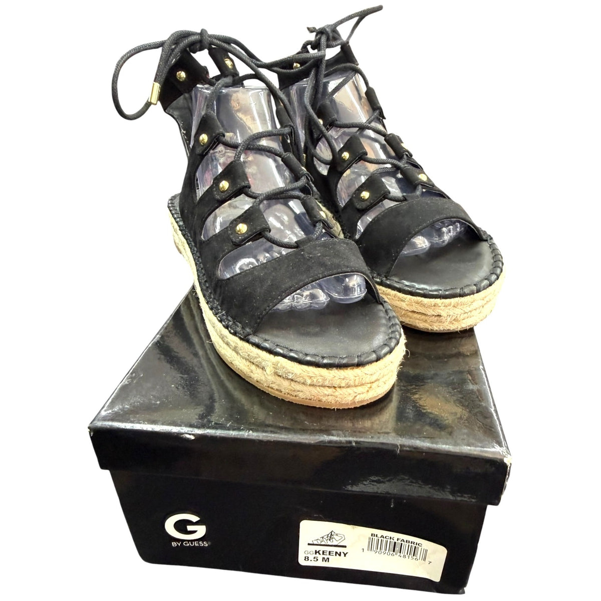 G By Guess Black Gladiator Sandal Espadrille Platform Size 8.5M With Box