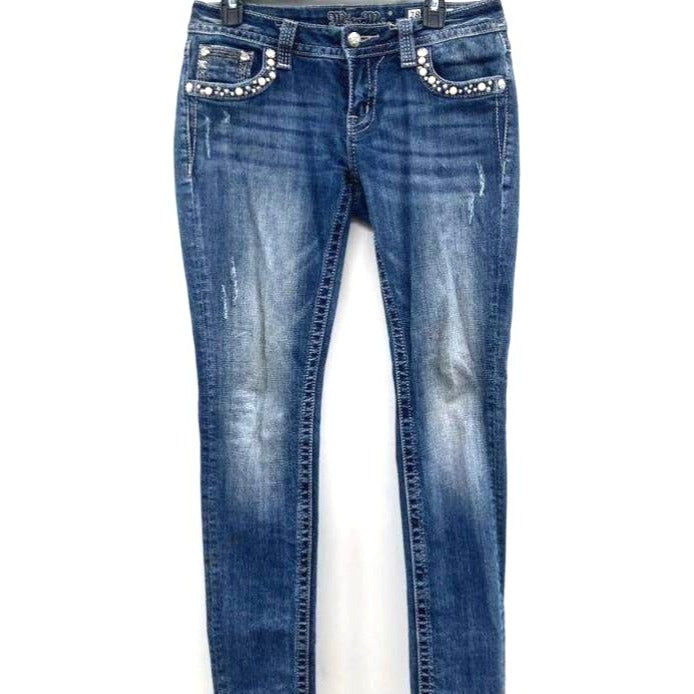 Miss Me Women's Blue Dark Wash Embellished Signature Skinny Denim Jeans Size 28