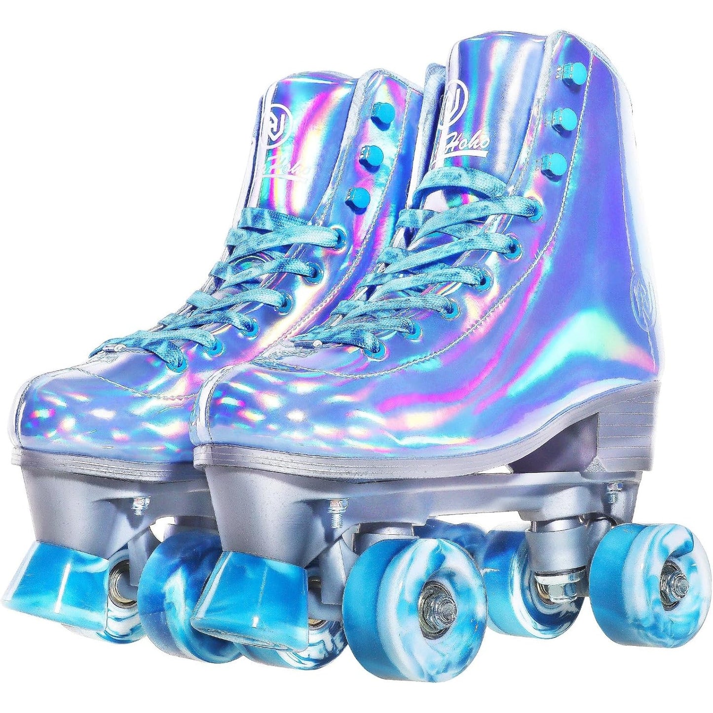 Holographic Blue High-Top Quad Roller Skates With Marbled Wheels - Size 8 - By JajaRolls