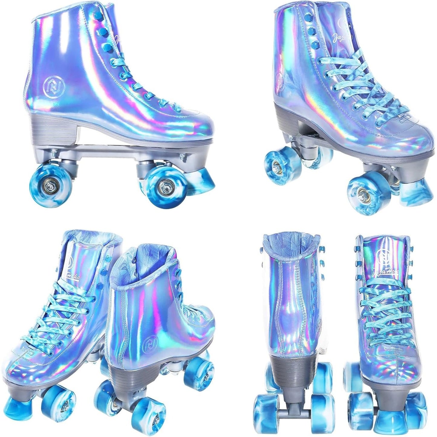Holographic Blue High-Top Quad Roller Skates With Marbled Wheels - Size 8 - By JajaRolls