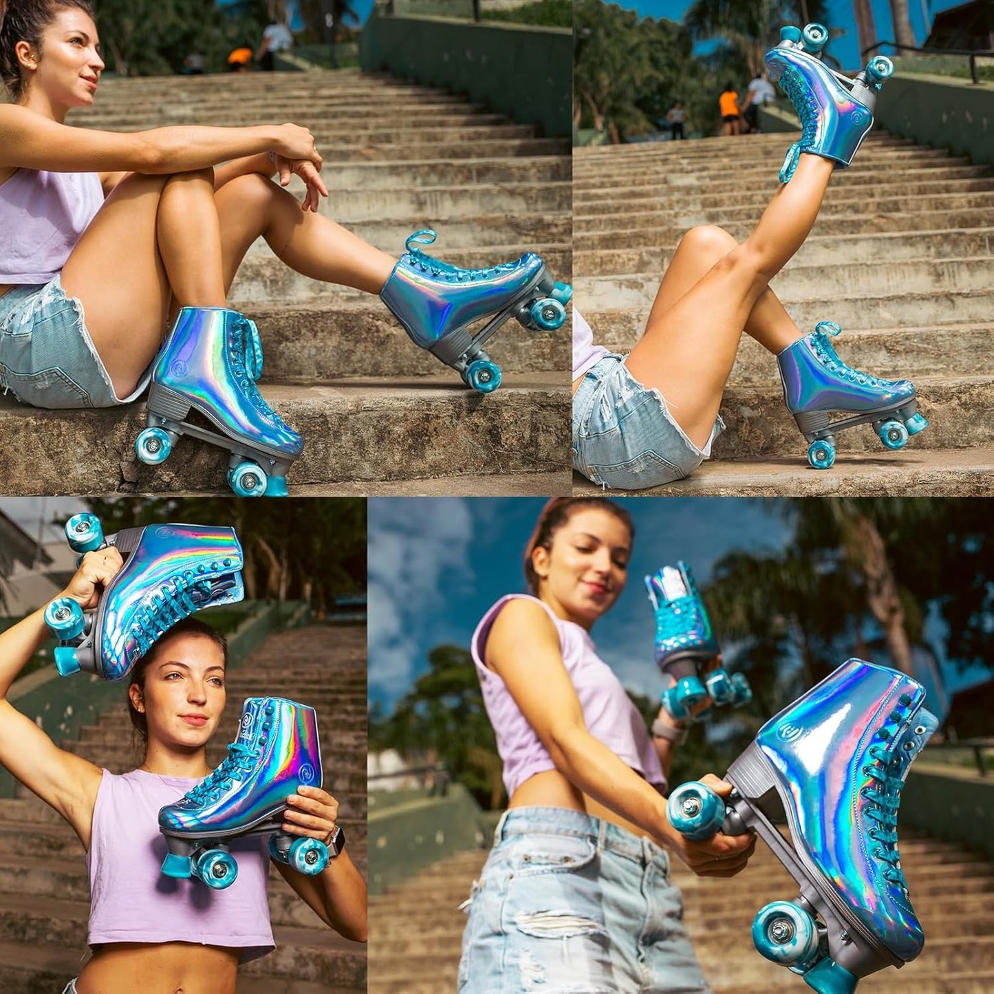 Holographic Blue High-Top Quad Roller Skates With Marbled Wheels - Size 8 - By JajaRolls
