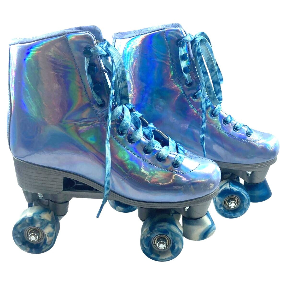 Holographic Blue High-Top Quad Roller Skates With Marbled Wheels - Size 8 - By JajaRolls