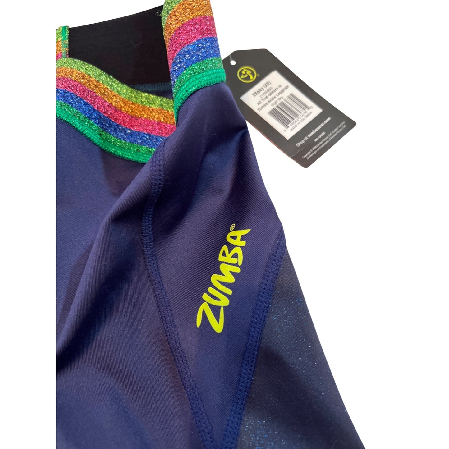 All That Glitters Is Zumba Ankle Leggings Night Sky XS Rainbow Waistband