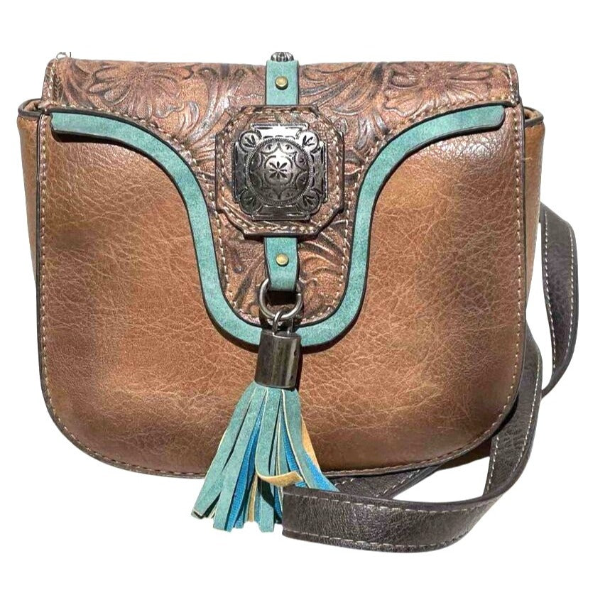 Justin Women's Small Crossbody Purse W/ Brindle Trim & Painted Pony Tooled Leather