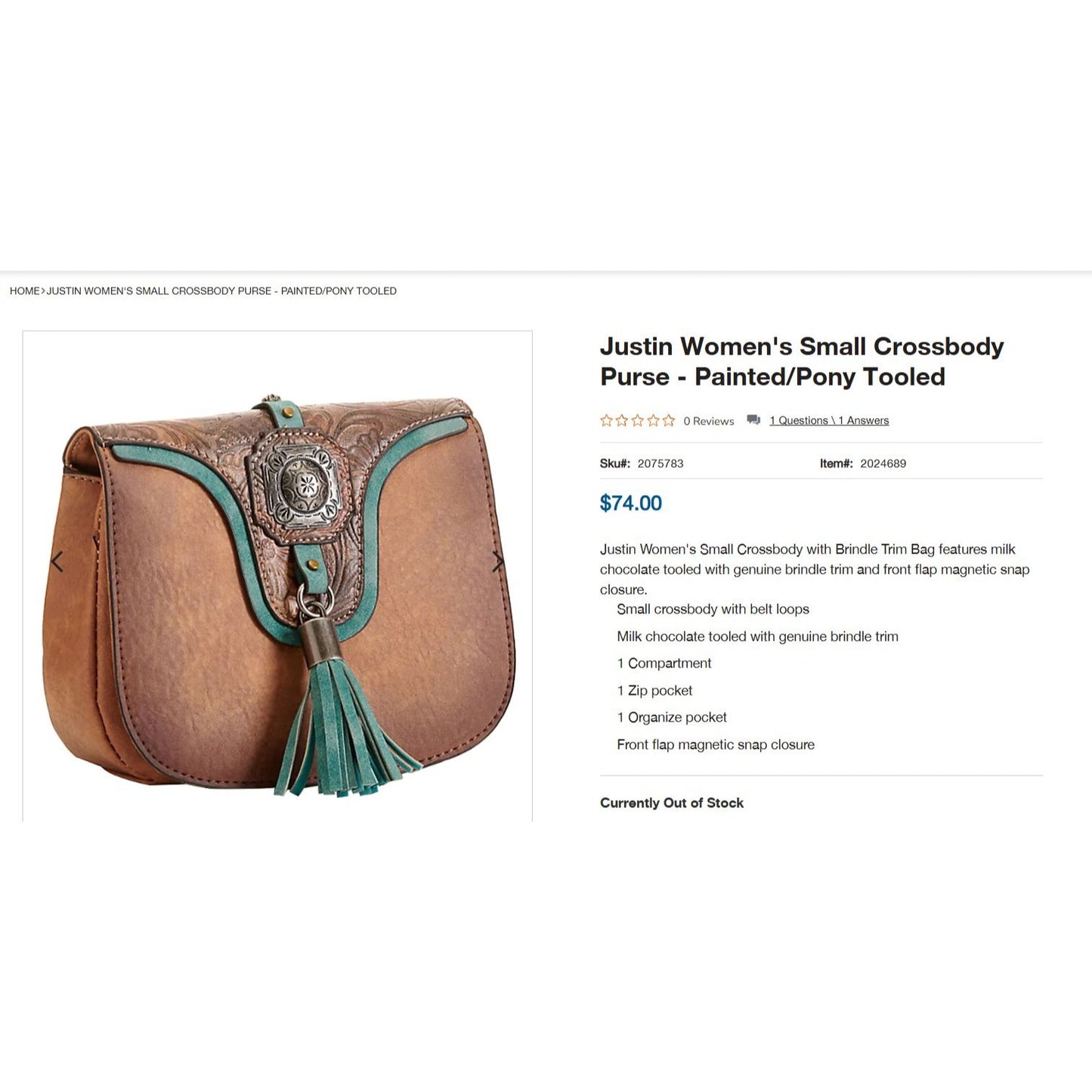 Justin Women's Small Crossbody Purse W/ Brindle Trim & Painted Pony Tooled Leather