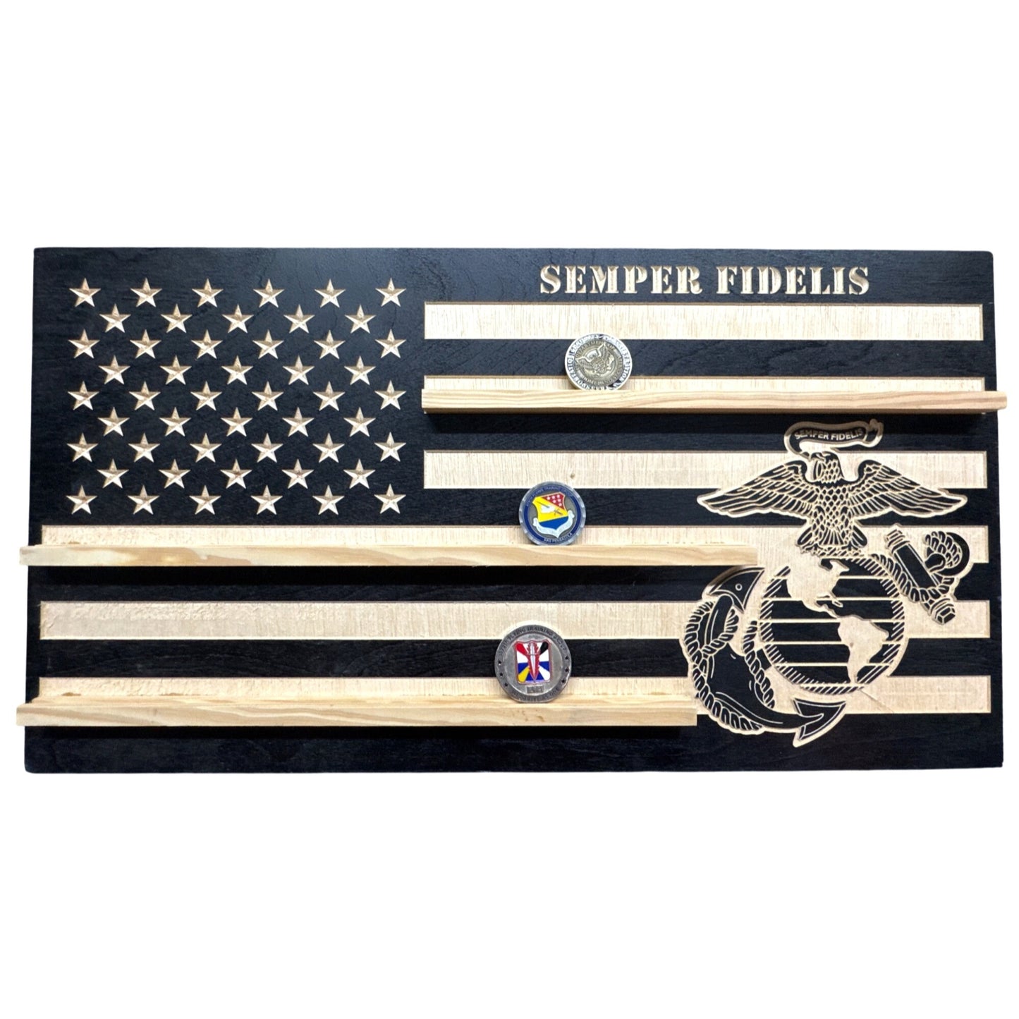Handcrafted Wooden Marine Corps Challenge Coin Flag Display With Semper Fidelis Design