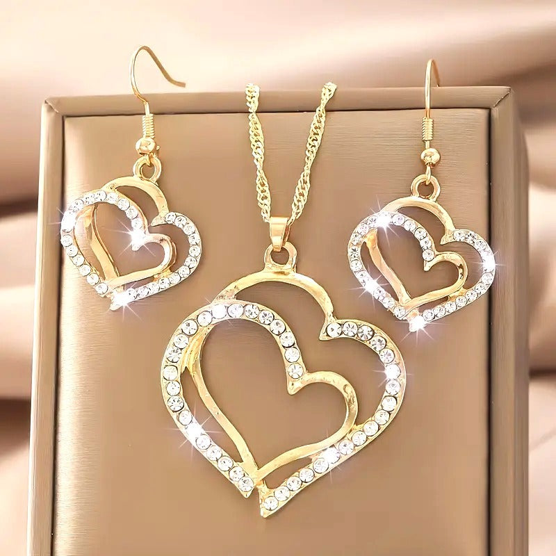 Gold Heart Pendant Necklace & Earrings Set With Rhinestone Accents