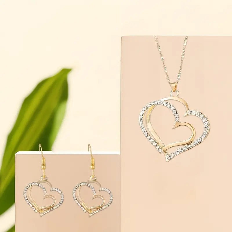 Gold Heart Pendant Necklace & Earrings Set With Rhinestone Accents
