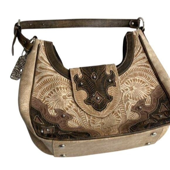 American West Beige & Brown Tooled Leather Shoulder Bag With Floral Pattern & Metal Accents