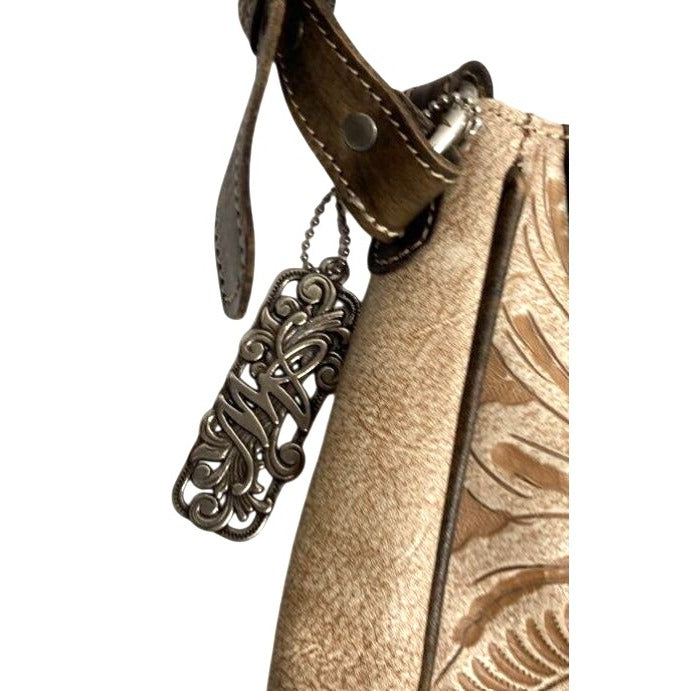 American West Beige & Brown Tooled Leather Shoulder Bag With Floral Pattern & Metal Accents