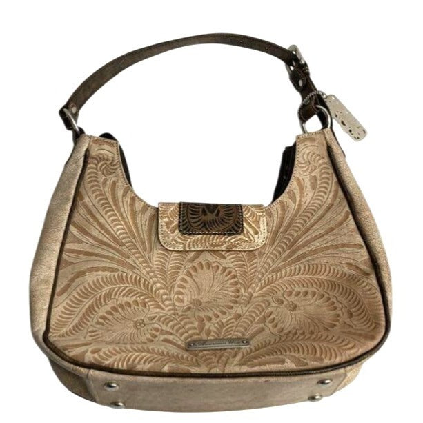 American West Beige & Brown Tooled Leather Shoulder Bag With Floral Pattern & Metal Accents
