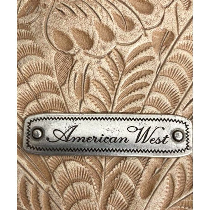 American West Beige & Brown Tooled Leather Shoulder Bag With Floral Pattern & Metal Accents