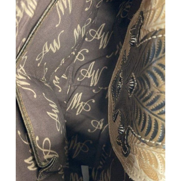 American West Beige & Brown Tooled Leather Shoulder Bag With Floral Pattern & Metal Accents