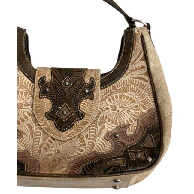 American West Beige & Brown Tooled Leather Shoulder Bag With Floral Pattern & Metal Accents