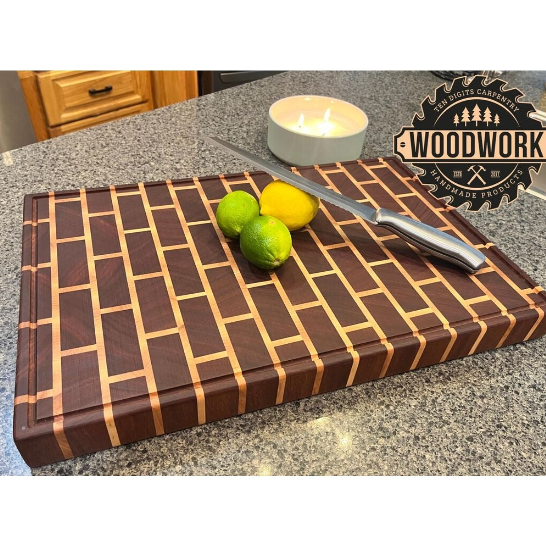 Handmade Mahogany & Maple Wooden Brick Pattern Cutting Board With Juice Groove & Handles