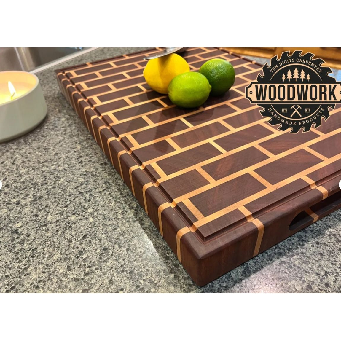Handmade Mahogany & Maple Wooden Brick Pattern Cutting Board With Juice Groove & Handles
