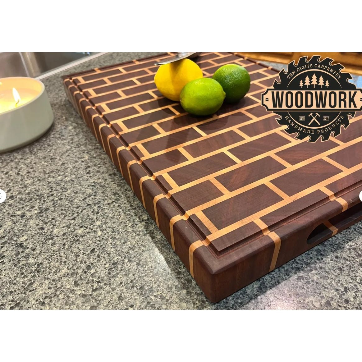 Handmade Mahogany & Maple Wooden Brick Pattern Cutting Board With Juice Groove & Handles