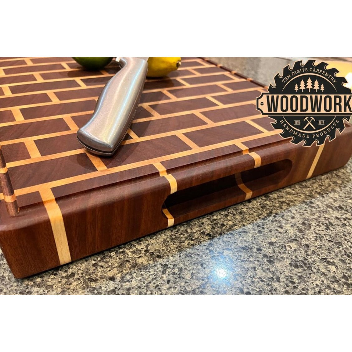 Handmade Mahogany & Maple Wooden Brick Pattern Cutting Board With Juice Groove & Handles
