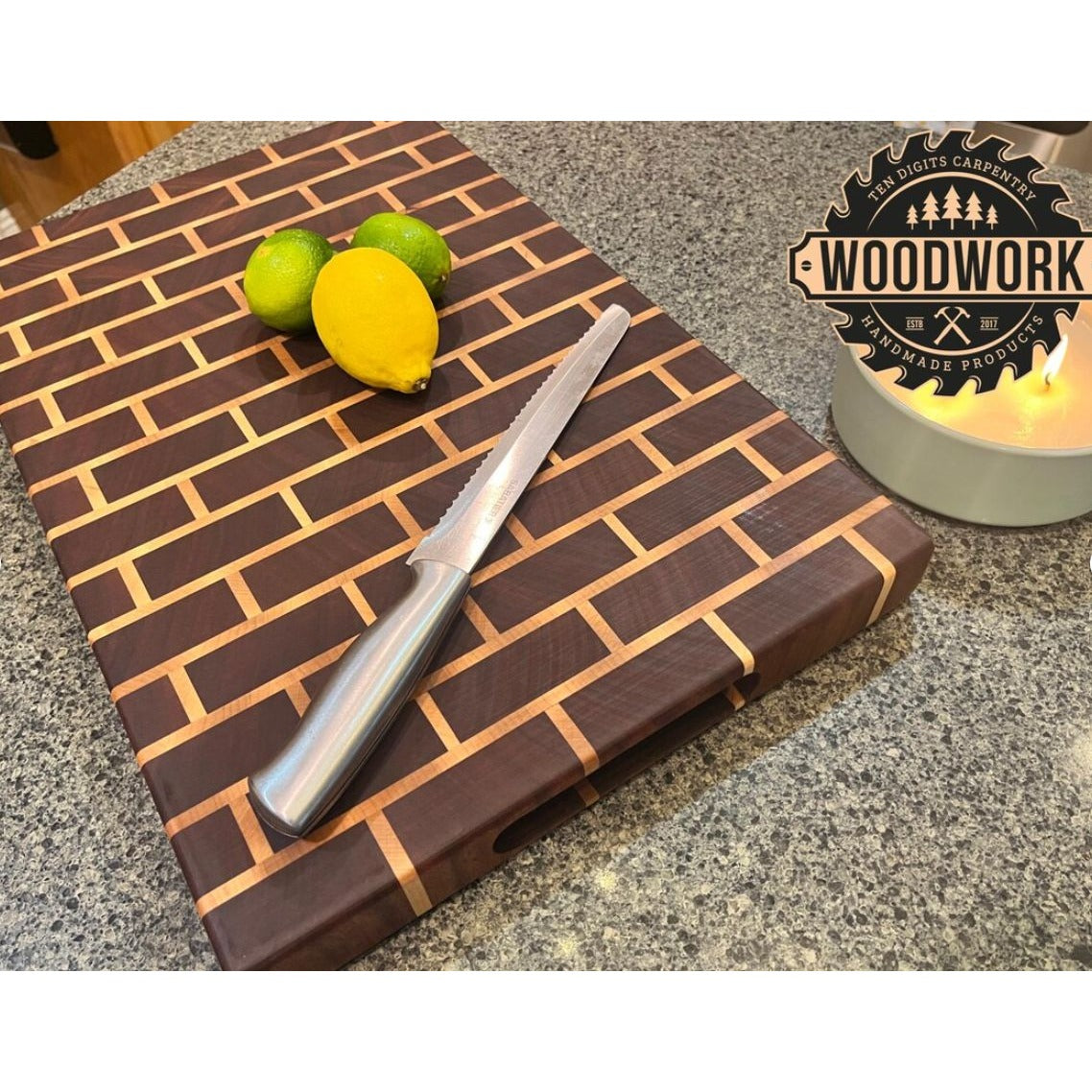 Handmade Mahogany & Maple Wooden Brick Pattern Cutting Board With Juice Groove & Handles