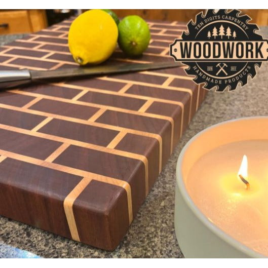 Handmade Mahogany & Maple Wooden Brick Pattern Cutting Board With Juice Groove & Handles