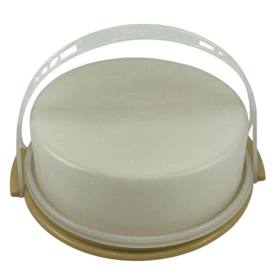 Vintage Tupperware 10-Inch Pie Taker With Lid & Handle Beige & White USA-Made