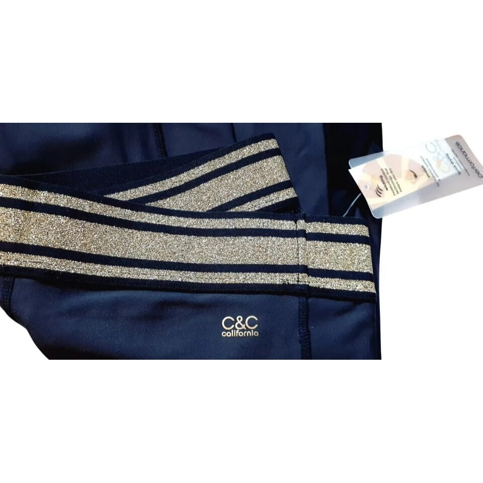 C&C California Women's Black Capri Leggings With Gold Glitter Waistband XS New