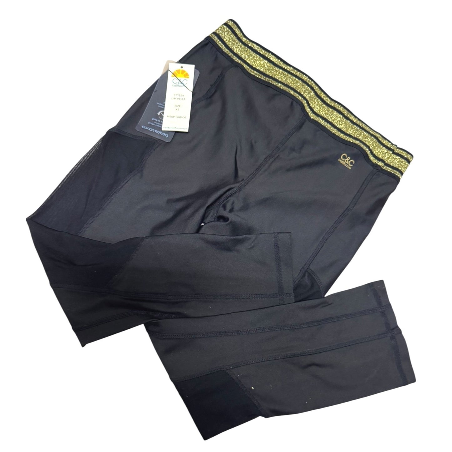 C&C California Women's Black Capri Leggings With Gold Glitter Waistband XS New