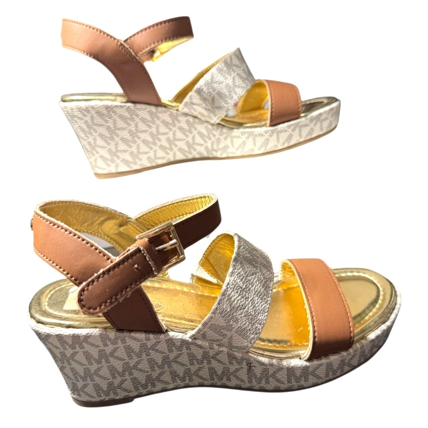 Michael Kors Girls Wedge Sandals Tan & Gold Size 3 Sandals