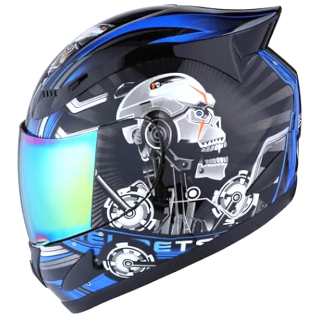 1Storm Full Face Motorcycle Helmet Blue/Black Skull Design With Visor & Bag DOT Approved