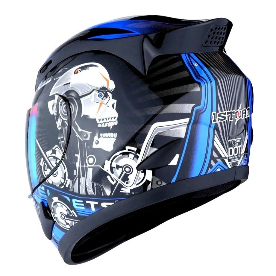 1Storm Full Face Motorcycle Helmet Blue/Black Skull Design With Visor & Bag DOT Approved