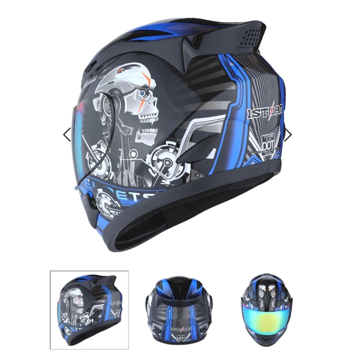1Storm Full Face Motorcycle Helmet Blue/Black Skull Design With Visor & Bag DOT Approved