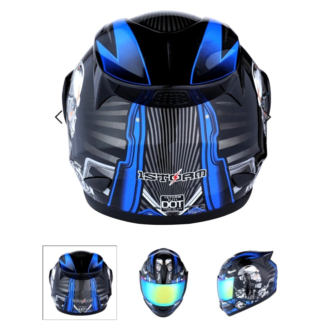 1Storm Full Face Motorcycle Helmet Blue/Black Skull Design With Visor & Bag DOT Approved
