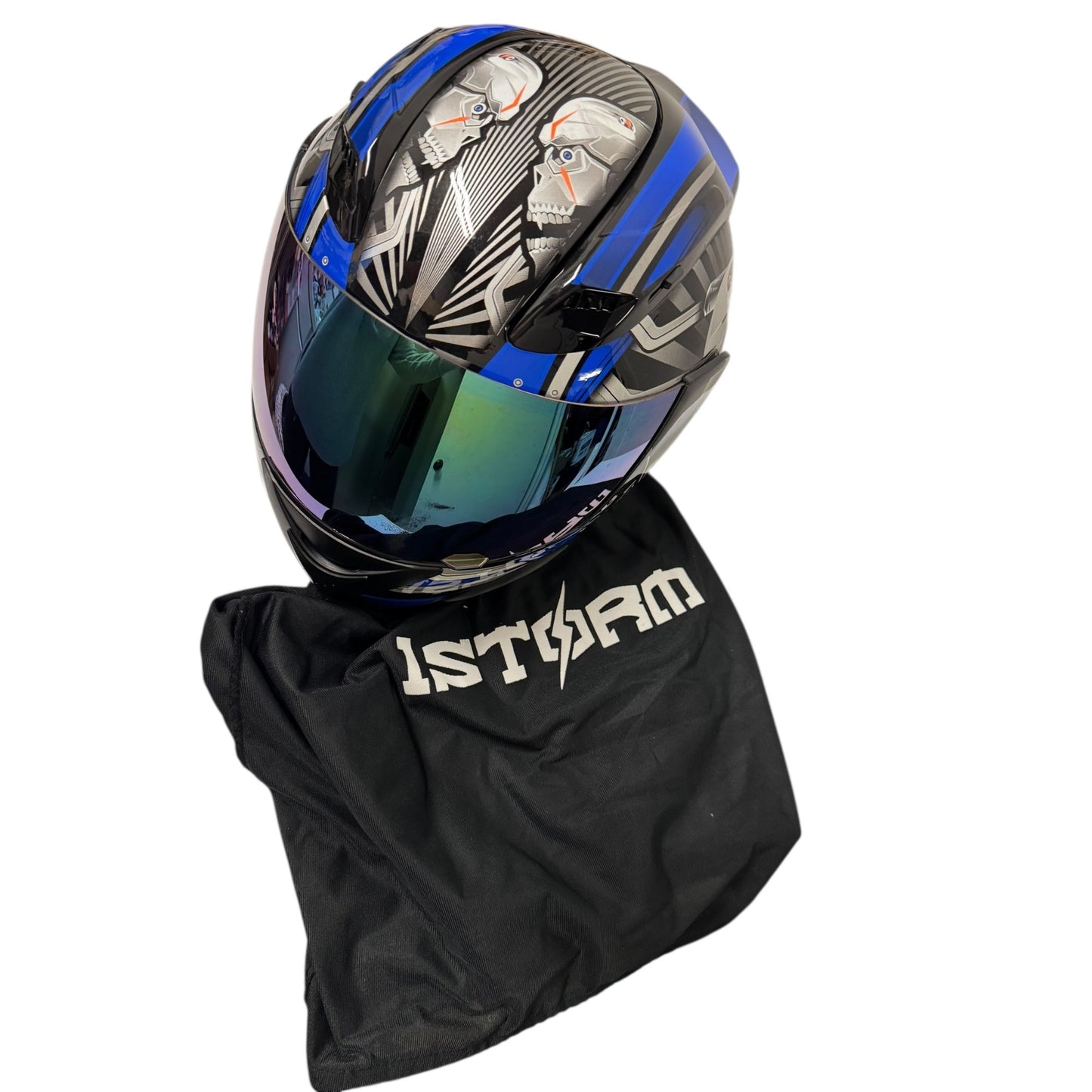 1Storm Full Face Motorcycle Helmet Blue/Black Skull Design With Visor & Bag DOT Approved