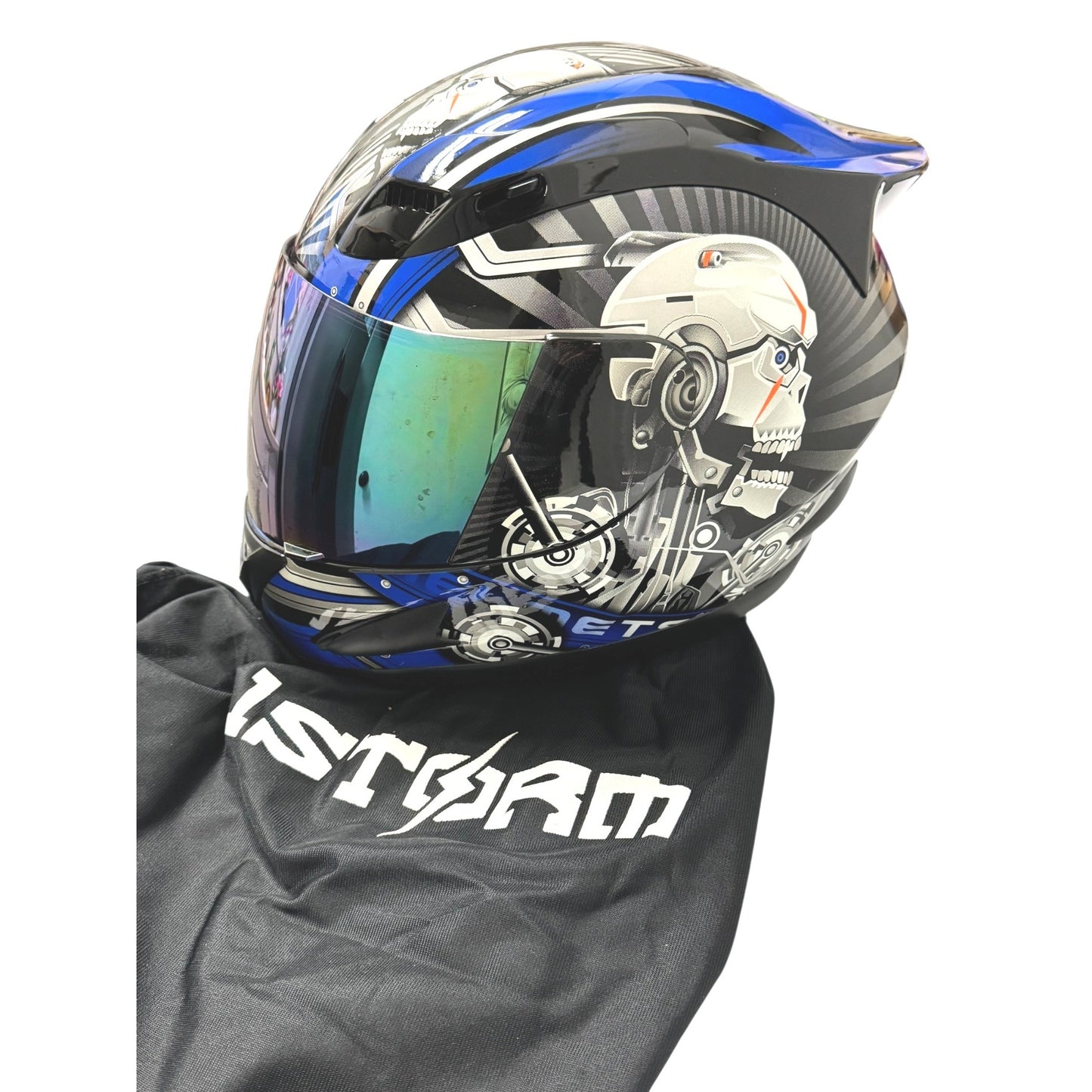 1Storm Full Face Motorcycle Helmet Blue/Black Skull Design With Visor & Bag DOT Approved