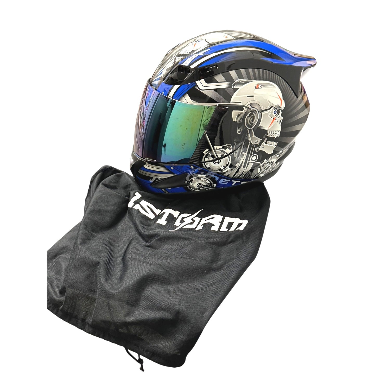1Storm Full Face Motorcycle Helmet Blue/Black Skull Design With Visor & Bag DOT Approved