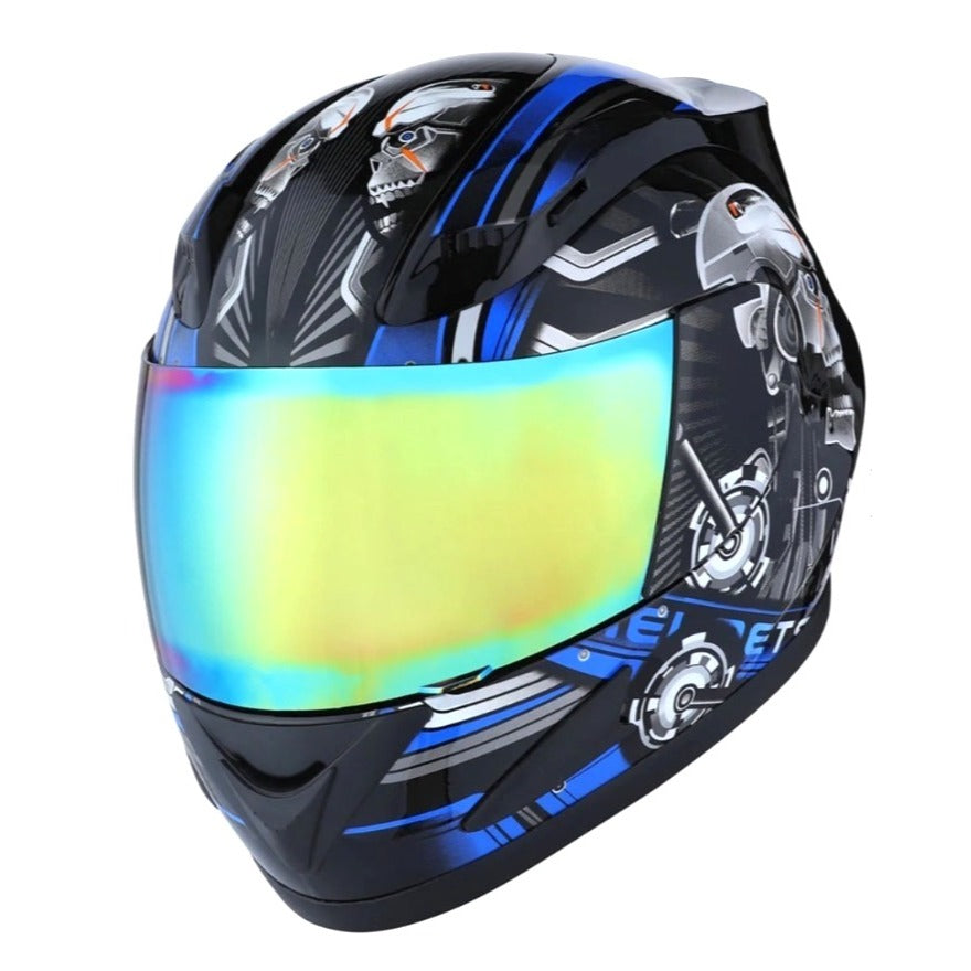 1Storm Full Face Motorcycle Helmet Blue/Black Skull Design With Visor & Bag DOT Approved