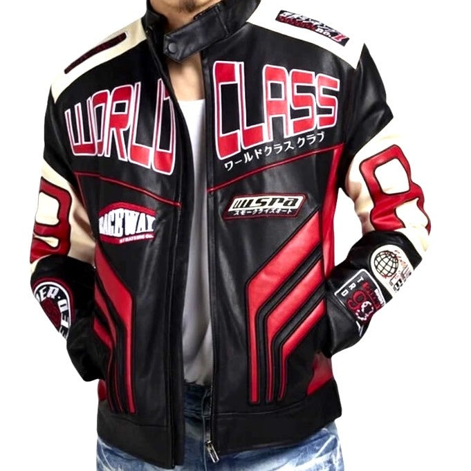 Smoke Rising SZ S World Class Moto Sport Faux Leather Jacket Black Red Racing Style