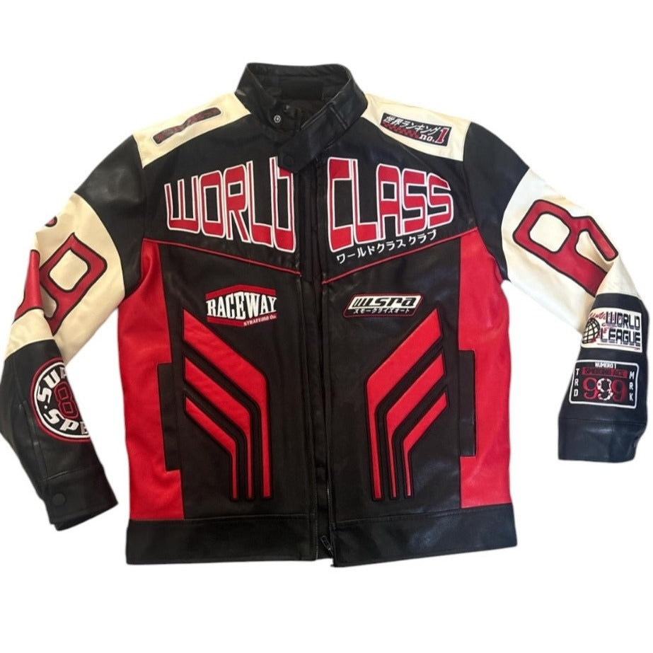 Smoke Rising SZ S World Class Moto Sport Faux Leather Jacket Black Red Racing Style