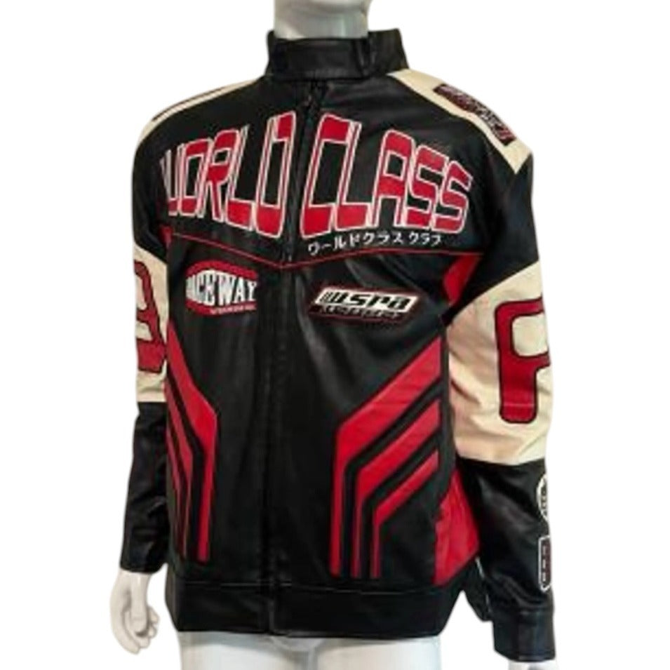 Smoke Rising SZ S World Class Moto Sport Faux Leather Jacket Black Red Racing Style