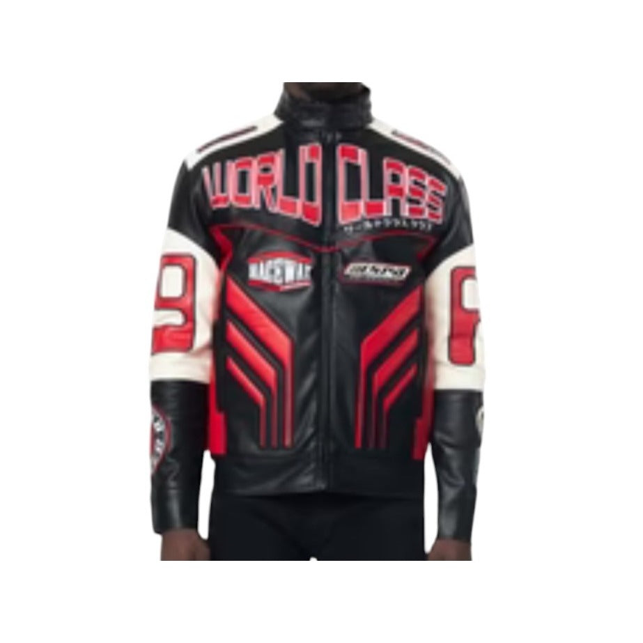 Smoke Rising SZ S World Class Moto Sport Faux Leather Jacket Black Red Racing Style