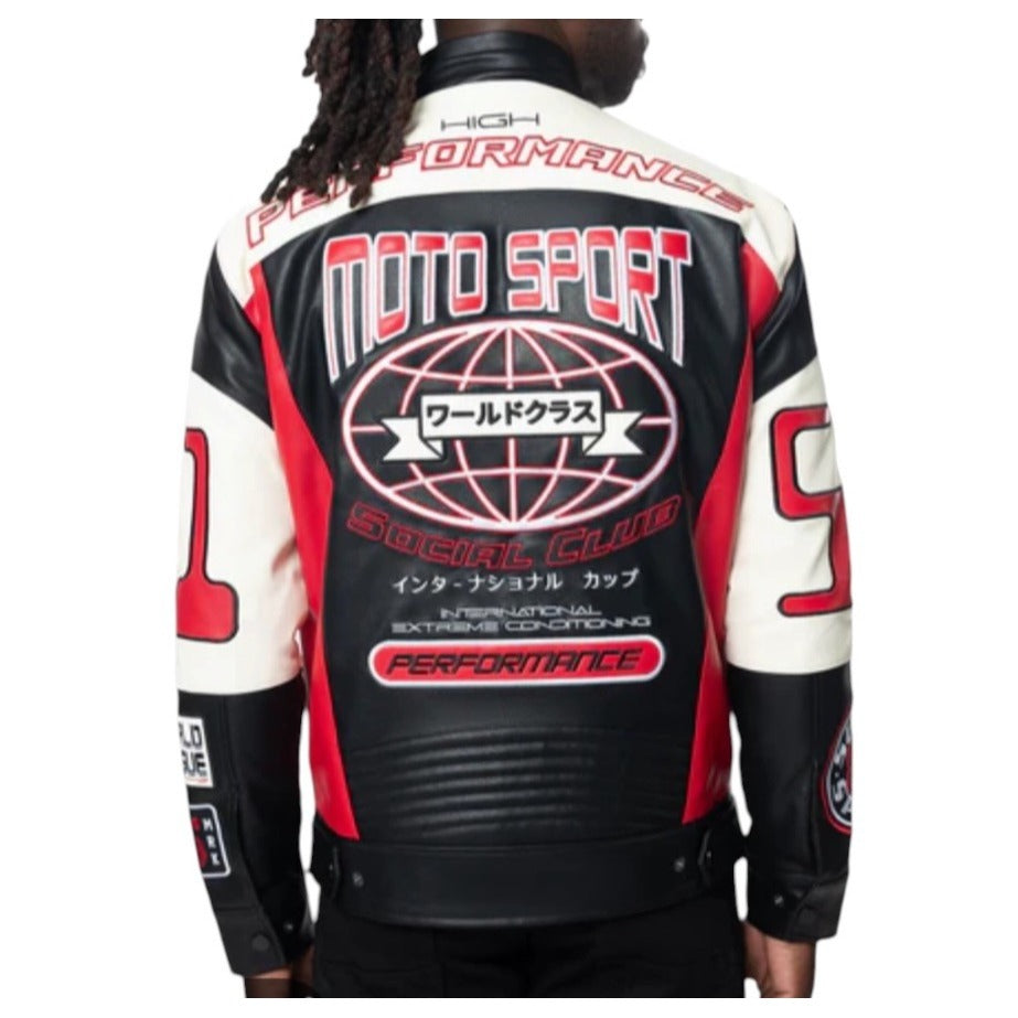 Smoke Rising SZ S World Class Moto Sport Faux Leather Jacket Black Red Racing Style