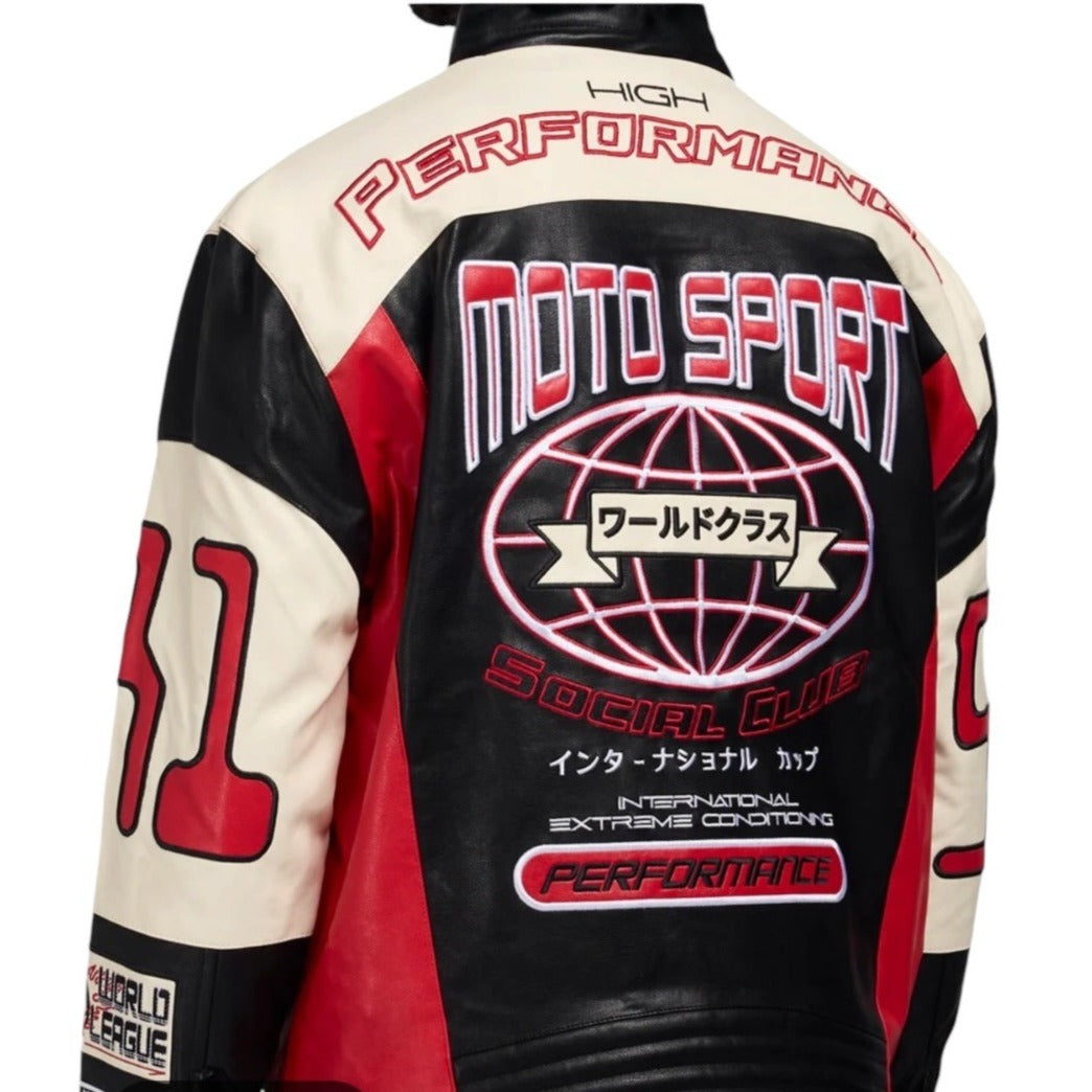 Smoke Rising SZ S World Class Moto Sport Faux Leather Jacket Black Red Racing Style