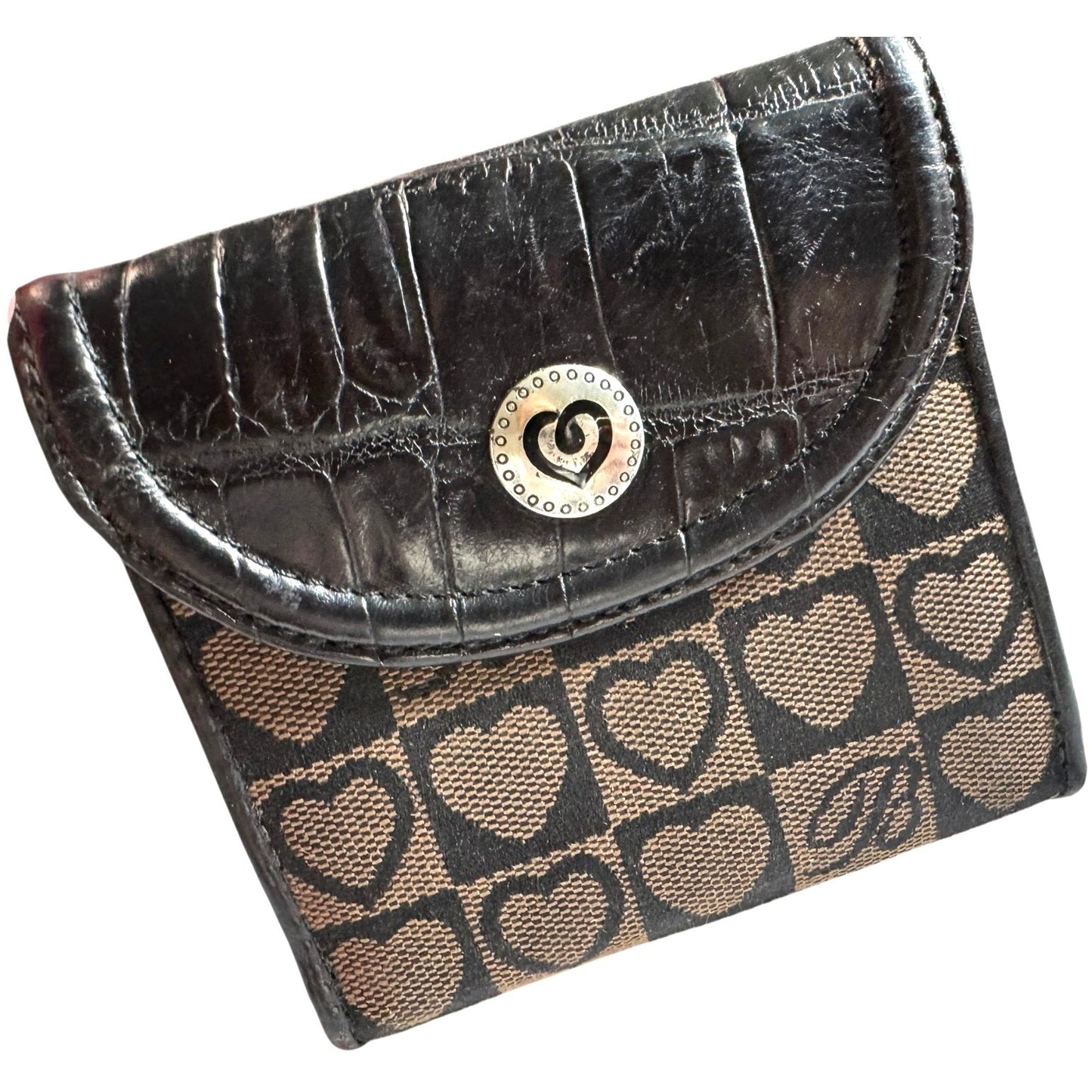 Vintage Black & Brown Dooney & Bourke Leather & Canvas Heart Print Bifold Wallet With ID Window & Snap Closure