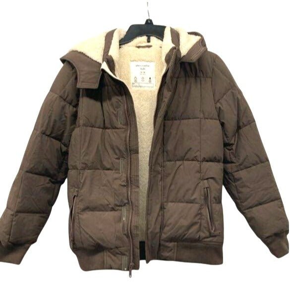 Abercrombie Kids Brown Puffer Jacket With Faux Shearling Lining & Hood Size 13/14
