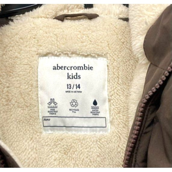 Abercrombie Kids Brown Puffer Jacket With Faux Shearling Lining & Hood Size 13/14